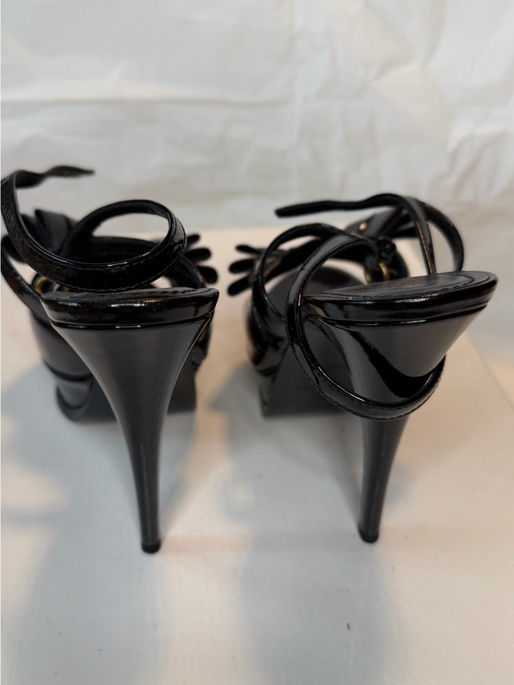 Saint Laurent Black Patent Leather Bow Strappy High Heels - Picture 5 of 10